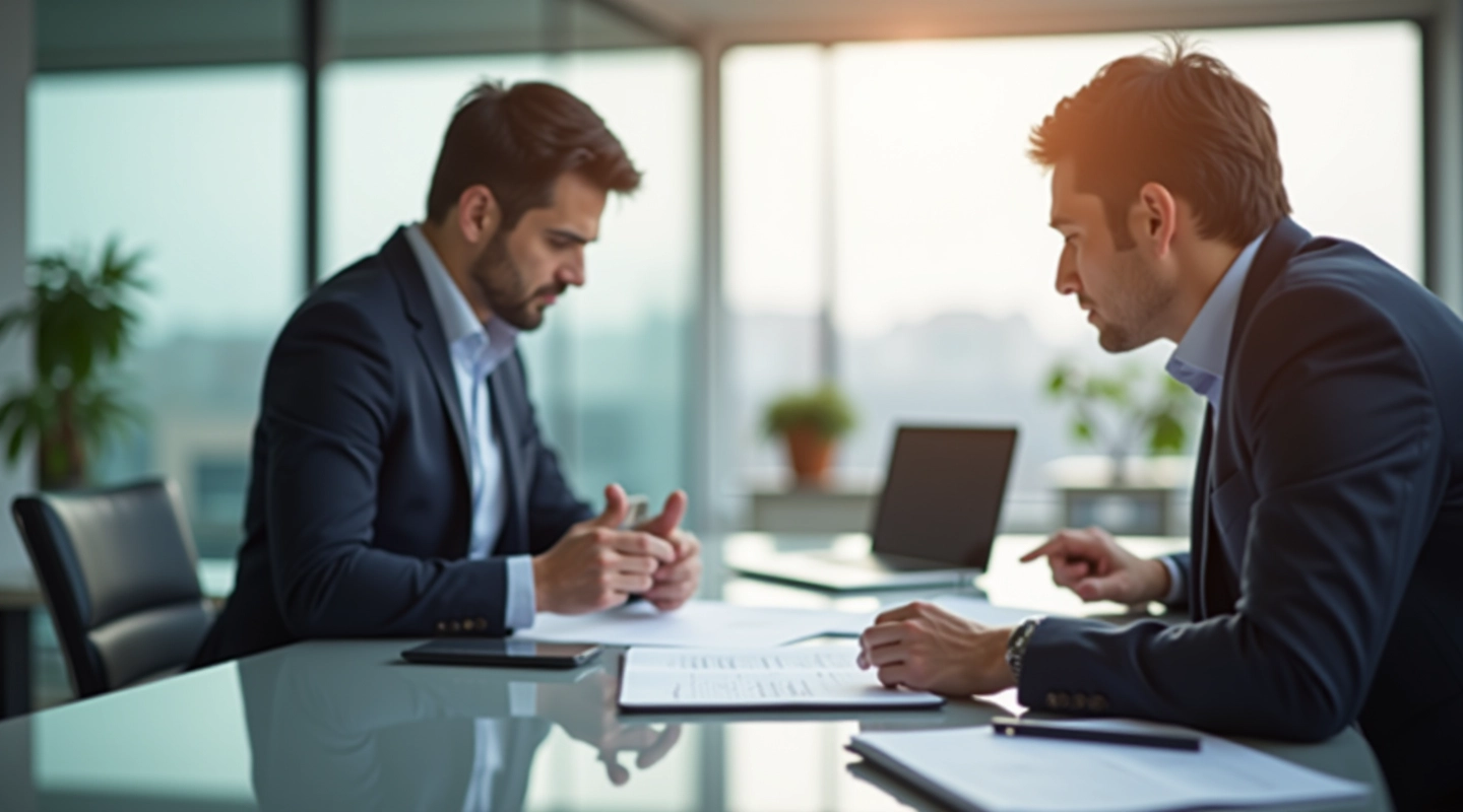 Team of financial professionals reviewing merger documents at modern office desk
